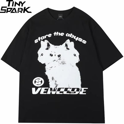 2025 New Streetwear Tshirt Hydra Cat Graphic T Shirt Men Cotton T-Shirt Hip Hop Loose Tops Tees Summer Short Sleeve Black White