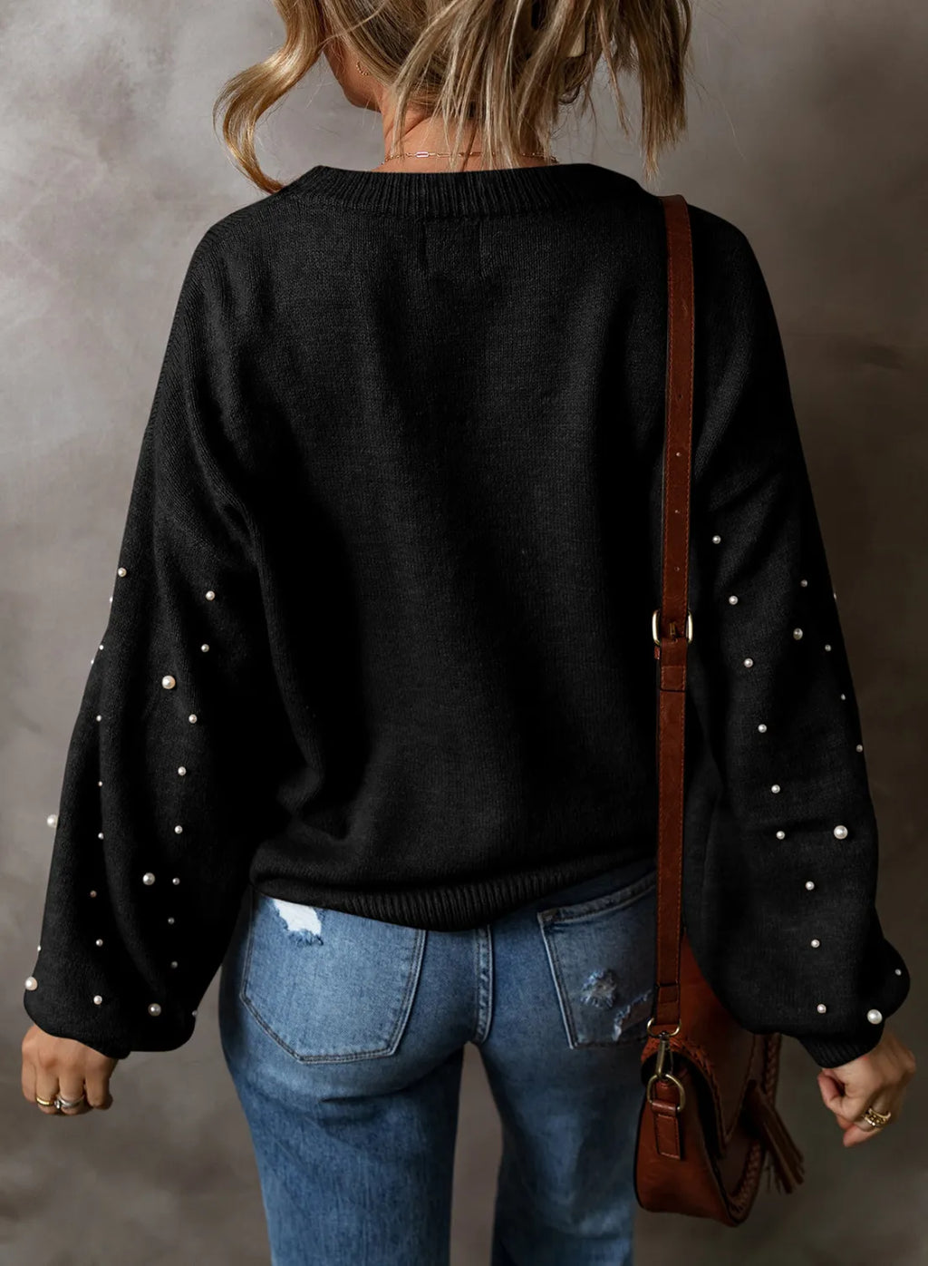 ArtsCloths Pearl Detail Round Neck Long Sleeve Sweater – Elegant Soft Knit Winter Wear