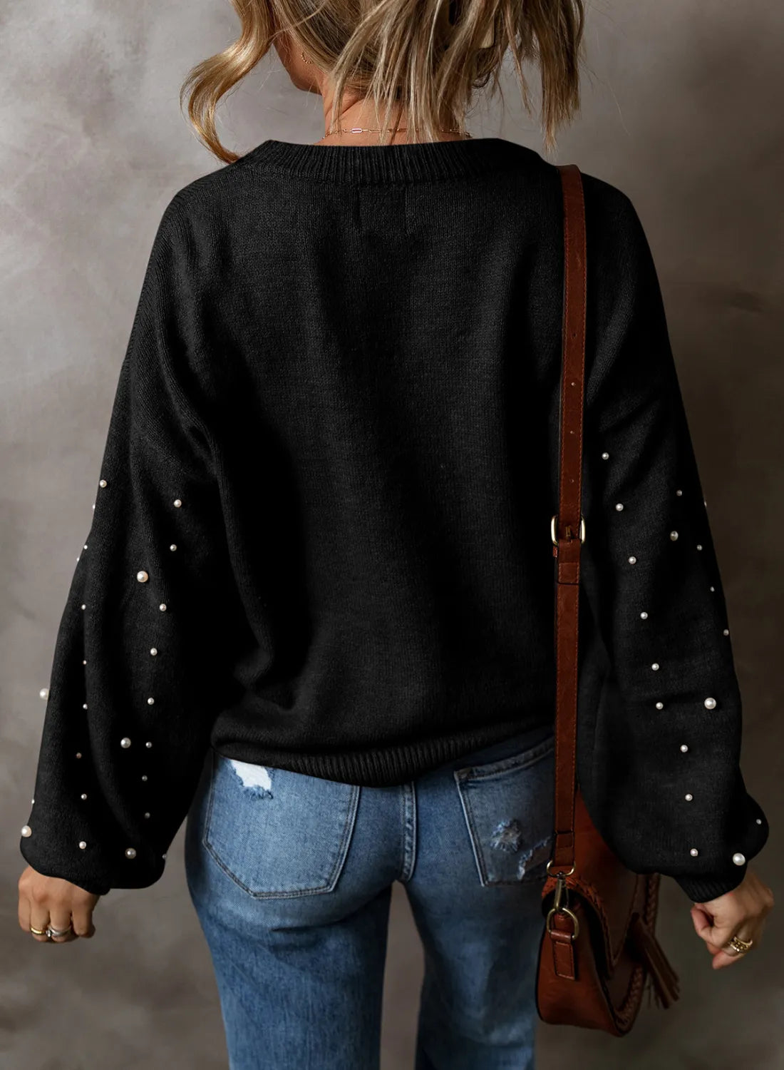 ArtsCloths Pearl Detail Round Neck Long Sleeve Sweater – Elegant Soft Knit Winter Wear