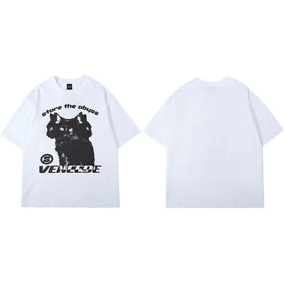 2025 New Streetwear Tshirt Hydra Cat Graphic T Shirt Men Cotton T-Shirt Hip Hop Loose Tops Tees Summer Short Sleeve Black White