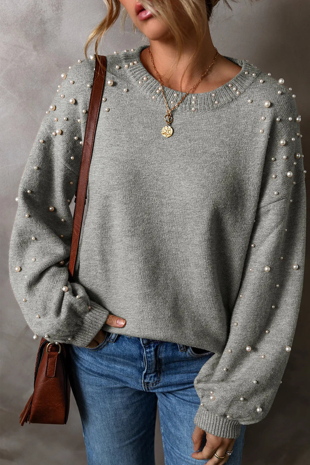 ArtsCloths Pearl Detail Round Neck Long Sleeve Sweater – Elegant Soft Knit Winter Wear